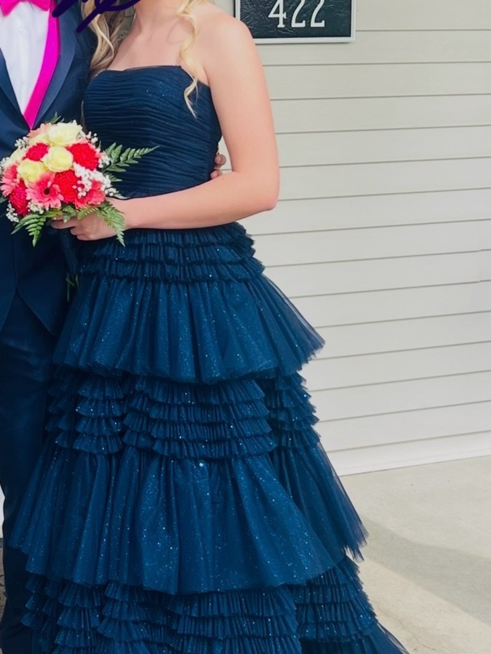 Sherri Hill Navy Layered Ruffle Tulle Prom Gown - Size 0 - Picture 12 of 13